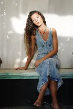 Kadın Mavi Tint Önü Ve Arkası Açık Uzun Denim Elbise