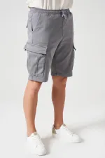 Erkek Gri Beli Ribanalı Örme Parça Boya Kargo Şort