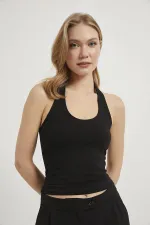 Women's Black Halter Neck Modal Ribbed Tank Top
