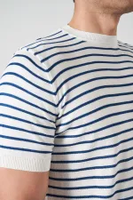 Erkek Ekru Bisiklet Yaka Çizgili Triko Tişört