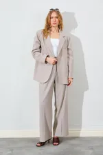 Women's Beige Four-Button Blazer Jacket with Welt Pockets