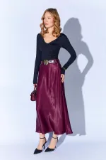 Jupe longue en satin ceinturée prune 3499 pour femme