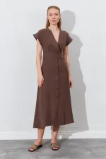 Kadın Kahve Kruvze Yaka Eteği Düğmeli Modal Elbise