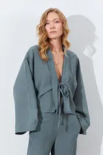 Kadın Haki Önü Fırfırlı Kolları Salaş Bluz