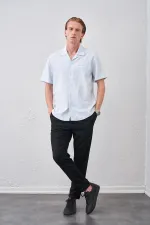 Erkek Mavi Kısa Kollu Apaş Yaka Gofre Flato Çizgili Regular Fit Gömlek