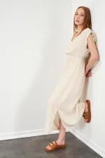 Kadın Taş V Yaka Omuzları Bağlamalı Müslin Kumaş Elbise