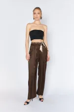 Women's Coffee Brown Wide-Leg Trousers with Scarf Belt and Flush Satin Fabric