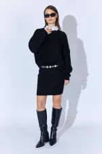 Kadın Siyah Saç Örgülü Etek Kazak Takım