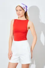 Kadın Kırmızı Kayık Yaka Yanları Büzgülü Sandy Bluz