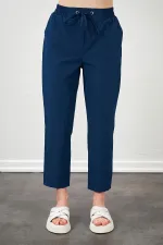 Kadın İndigo Beli Bağlamalı Havuç Paça Poplin Pantolon