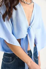 Kadın Mavi Yarasa Kol Ön Bağlamalı Gömlek