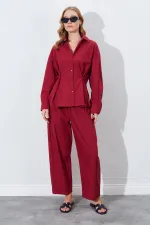Kadın Bordo Bel Oturtmalı Bel Düğme Detaylı Gömlek
