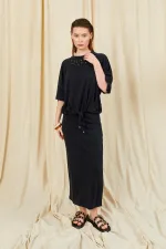 Kadın Siyah 164 Reglan Kollu Etek Ucu Bağlama Bluzlu Etekli Modal Takım