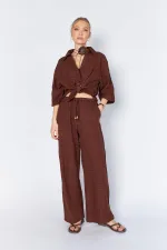 Women's Coffee-colored, Lined Trousers with Belt
