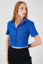 Kadın Saks Bürümcük Tek Cep Crop Gömlek
