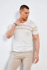 Erkek Ekru Apaş V Yaka Göğüs Ve Kol Çizgili Triko Tişört