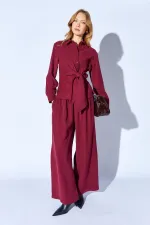 Women's Plum Tie-Up Shirt and Wide-Leg Trousers Set