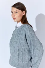 Kadın Gri Saç Örgülü Etek Kazak Takım