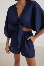 Kadın Lacivert Yarasa Kol Ön Bağlamalı Gömlek