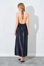 Kadın Siyah Degaje Yaka Saten Uzun Elbise