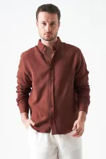 Erkek Kahve Uzun Kol Regular Basic Müslin Gömlek