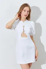 Kadın Ekru Karpuz Kollu Önü Düğmeli Mini Elbise
