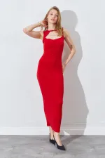 Kadın Kırmızı Önü Pencere Detaylı Elbise