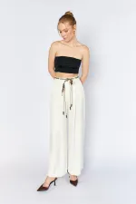 Kadın Krem Beli Fular Kemerli Floş Saten Bol Paça Pantolon