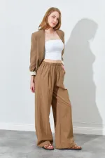 Kadın Kahve Beli Lastikli Palazzo Keten Pantolon