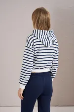 Women's Indigo Three-Thread Striped Hooded Crop Sweatshirt