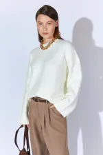 Kadın Krem Bisiklet Yaka Basic Triko Kazak