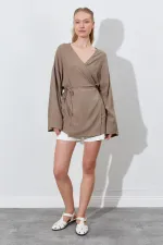 Kadın Toprak Kruvaze Yaka İp Bağlamalı Ceket