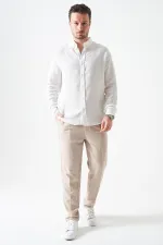 Erkek Ekru Uzun Kol Regular Basic Müslin Gömlek