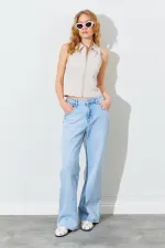 Gilet zippé beige à col chemise pour femme