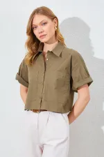 Kadın Haki Çift Cepli Düşük Kol Crop Gömlek