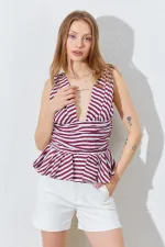 Kadın Bordo Önü Arkası V Beli Drapeli Peplum Bluz