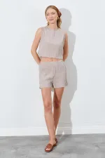 Kadın Vizon Kolsuz Bluzlu Şortlu Takım