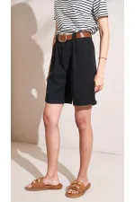 Kadın Siyah Yüksel Bel Beli Kemerli Gabardin Şort