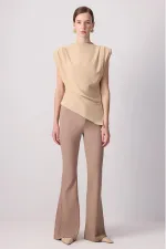 Kadın Vizon 7034 Omuzları Drapeli Vatkalı Asimetrik Bluz