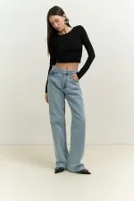 Kadın Siyah Uzun Kollu Bisiklet Yaka Crop Bluz