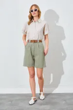 Kadın Haki Yüksel Bel Beli Kemerli Gabardin Şort