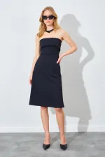 Kadın Siyah (1) Önü Katlı Straplez Krep Elbise