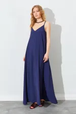 Women's Navy Blue V-Neck Loose-Fitting Modal Dress