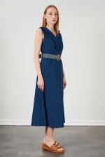 Kadın İndigo Yaka Fırfırlı Önü Düğmeli Kolsuz Poplin Kumaş Uzun Elbise