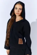 Kadın Siyah V Yaka Kapşonlu Yırtmaçlı Etek Selanik Takım