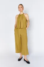 Women's Olive 171 Modal Suit with Wide-Leg Trousers and Beaded Collar Accessory