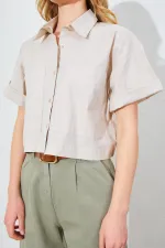 Kadın Taş Çift Cepli Düşük Kol Crop Gömlek