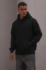 Men's Black Hooded Three-Thread Basic Sweatshirt
