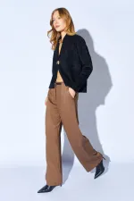 Kadın Kahve İçten Kemerli Bol Paça Yün Efekt Pantolon