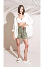 Kadın Ekru Kendinden Çizgili Oversize Gömlek